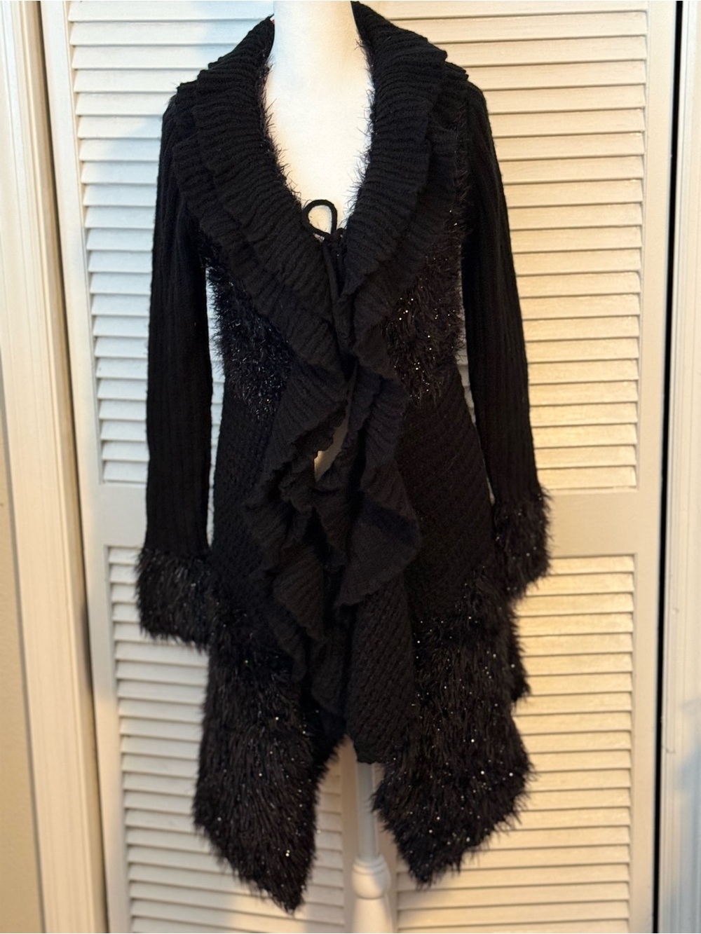 Y2K Whimsigoth Bratz Black Ruffle Tie Front Cardigan with Sparkle Trim Womens S